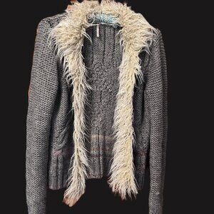 Gray Cardigan with Cozy Cream Fuzzy Trim